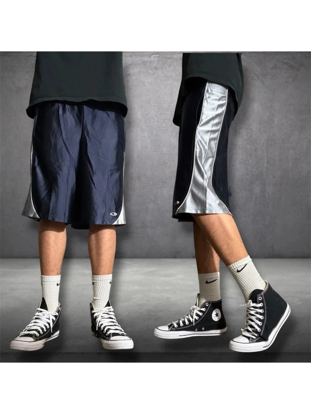 Y2K basketball shorts dazzle shiny blue and gray silver champion